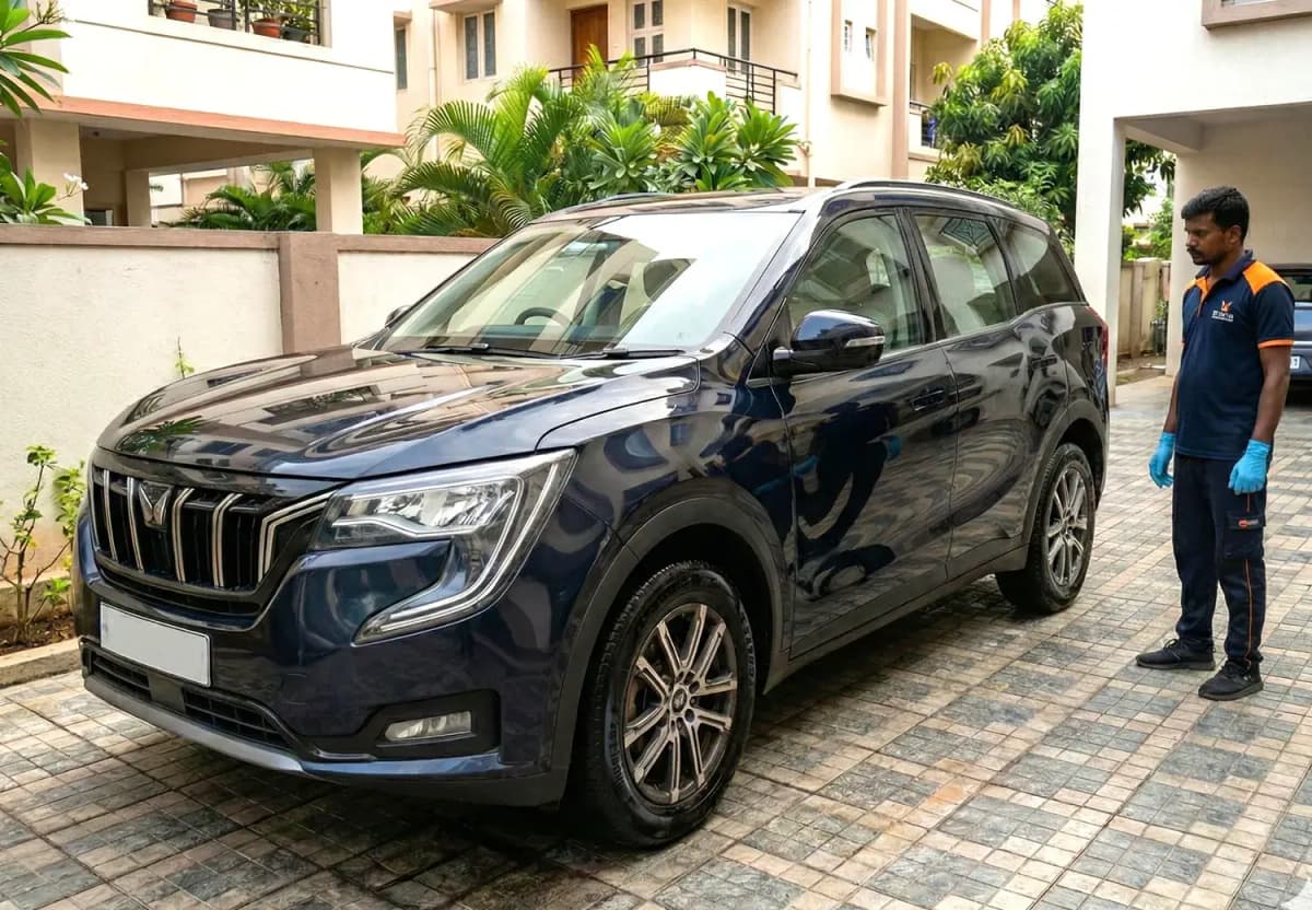 Clean and shiny car exterior after doorstep wash in Perungudi