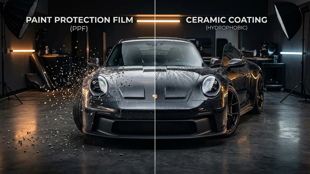 Paint Protection Film (PPF) vs Ceramic Coating comparison on luxury car in Chennai detailing studio