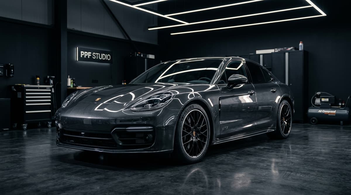 Luxury sports car in detailing studio with paint protection film