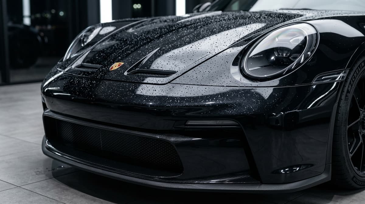 Close-up of high-clarity PPF wrapped on car bonnet deflecting stone impacts