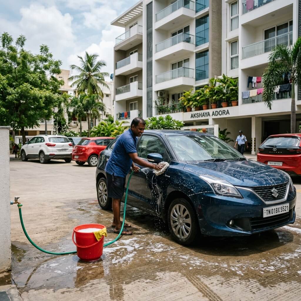 Car being washed with borewell water in an apartment complex in Chennai
