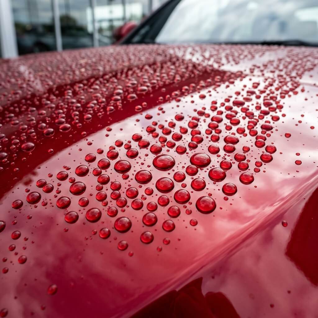 Spherical water beads resting on a glossy red car hood with ceramic coating