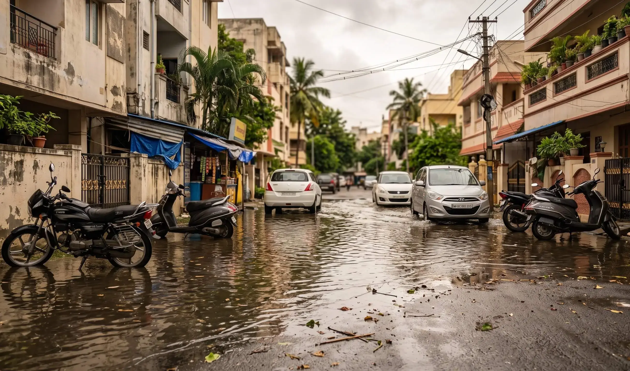 Car driving through a flooded Chennai street