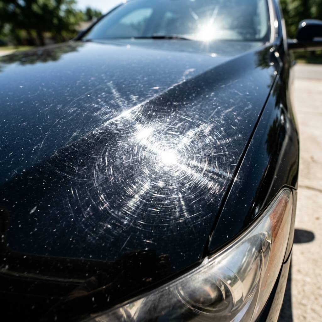 Swirl marks on black car under sunlight