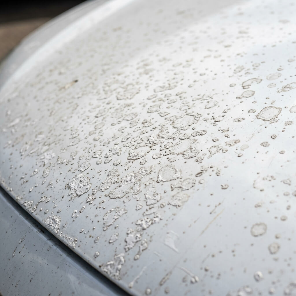 Hard water spots on a white car bonnet