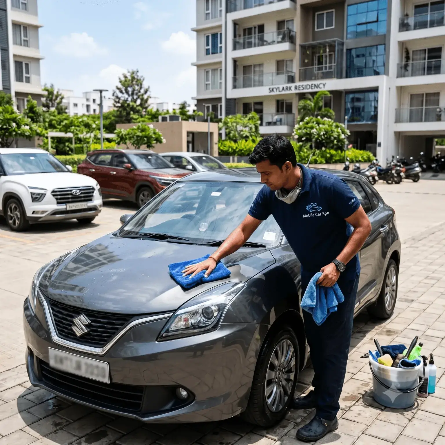 Doorstep car wash service in an apartment parking area