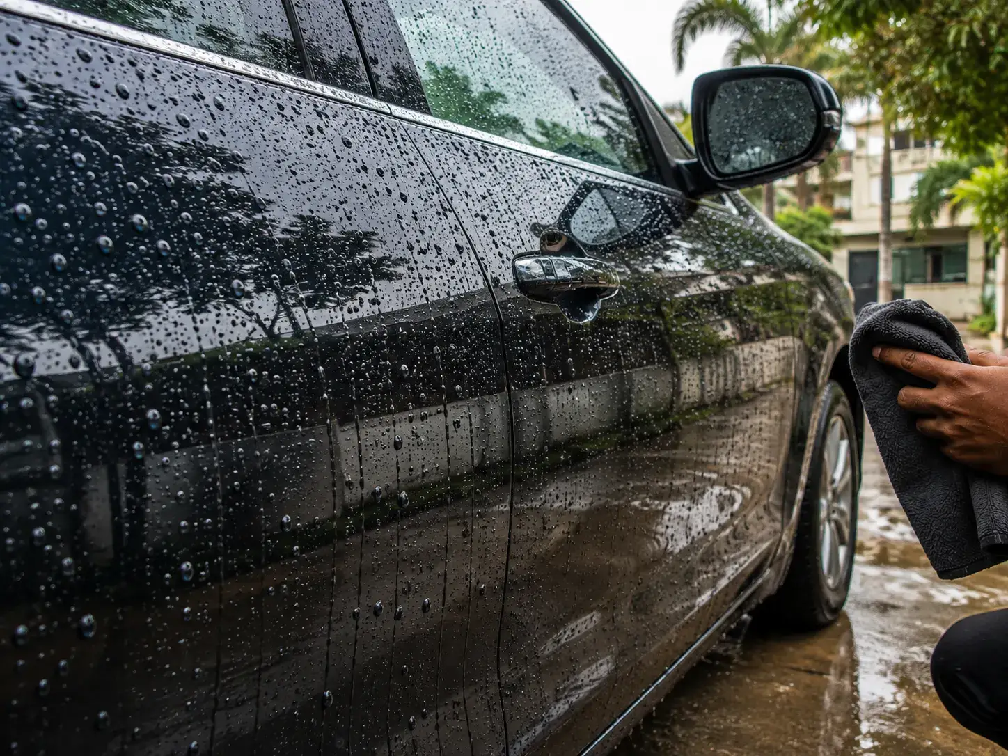 Water beading on a ceramic coated car