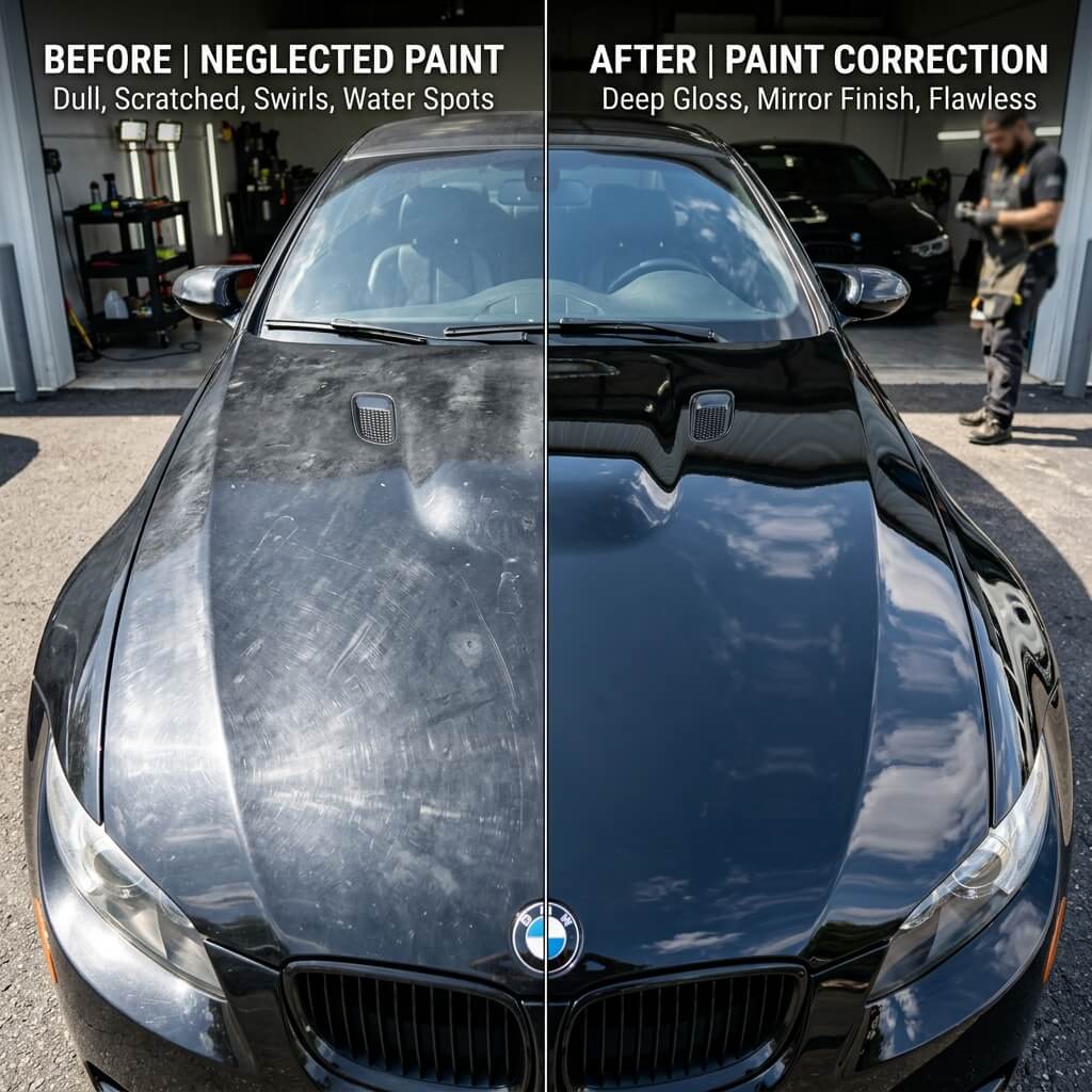 Split screen before and after machine polishing on black car paint