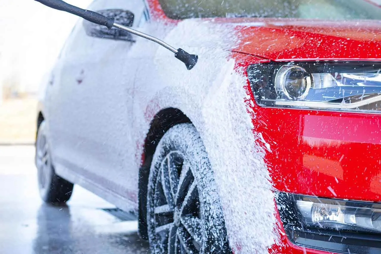 Thick snow foam wash application for deep cleaning cars at home