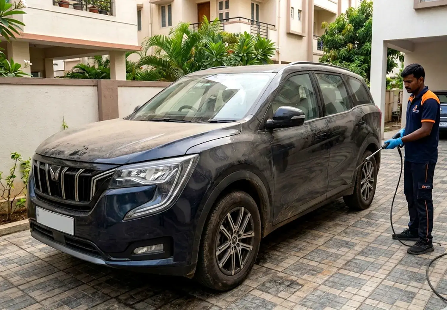 Dirty car exterior before doorstep wash in Velachery